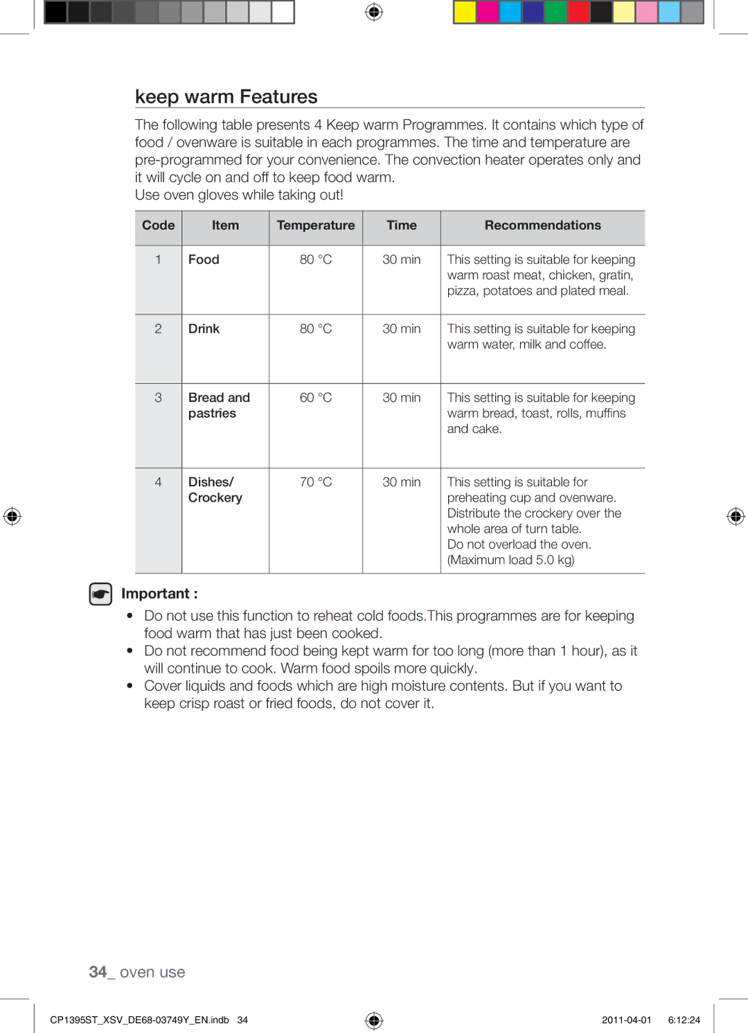 Samsung CP1395ST/XSV manual Keep warm Features, Code, Time Recommendations 