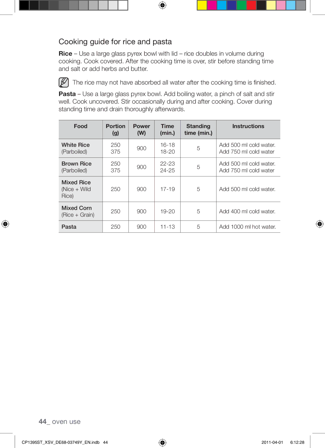 Samsung CP1395ST/XSV manual Cooking guide for rice and pasta 