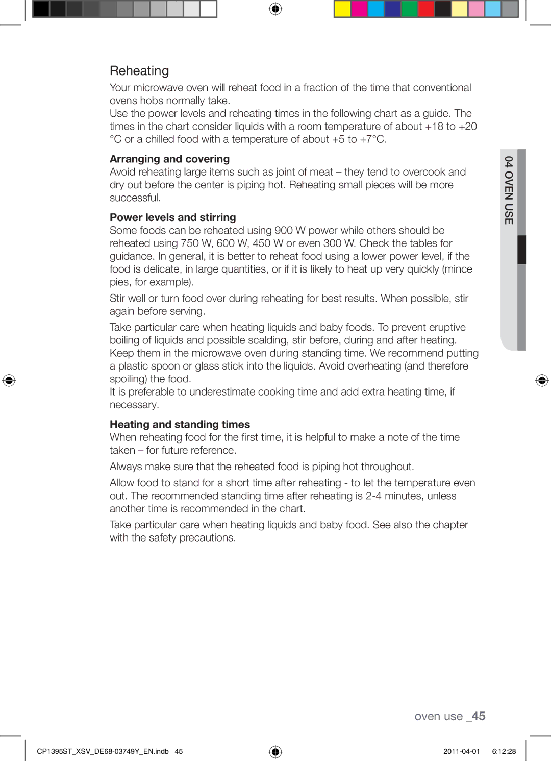 Samsung CP1395ST/XSV manual Reheating, Arranging and covering, Power levels and stirring, Heating and standing times 