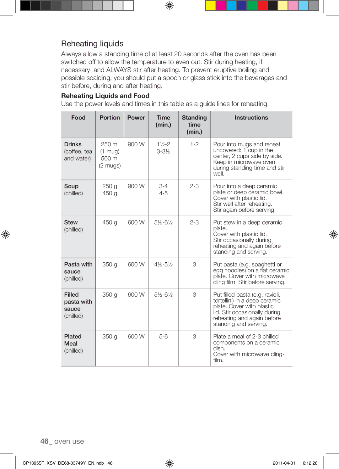 Samsung CP1395ST/XSV manual Reheating liquids, Reheating Liquids and Food 