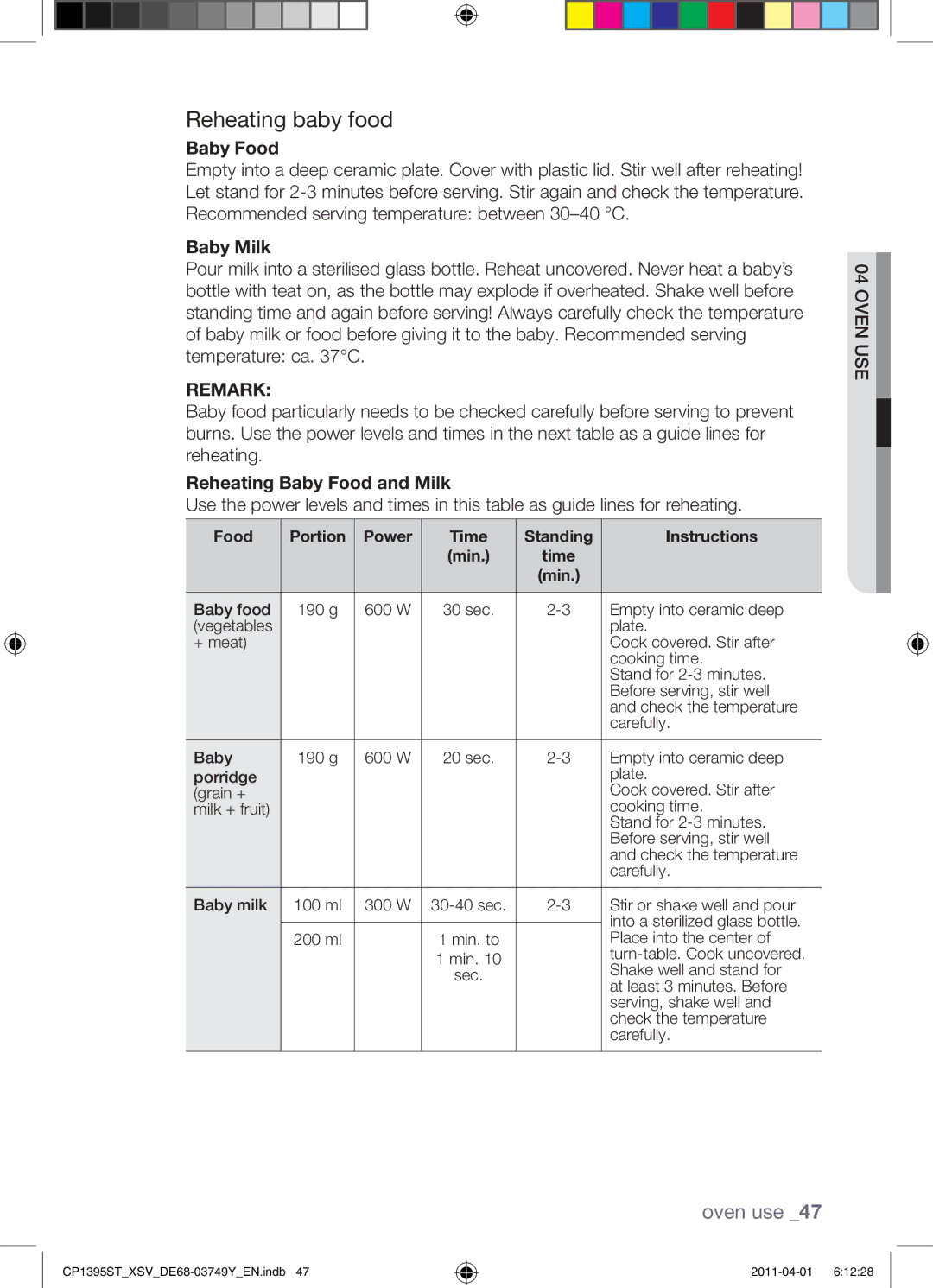 Samsung CP1395ST/XSV manual Reheating baby food, Baby Milk, Reheating Baby Food and Milk 