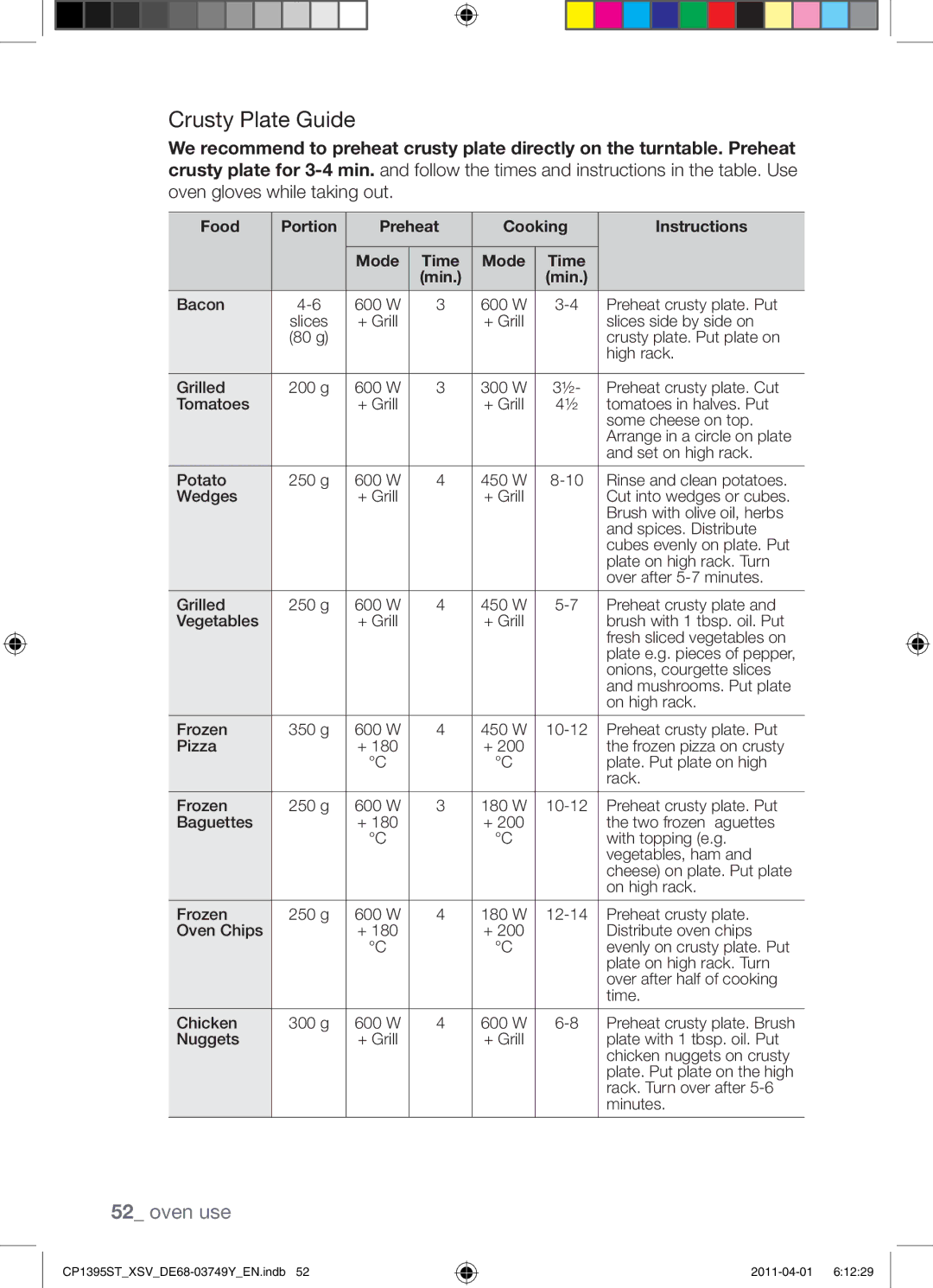 Samsung CP1395ST/XSV manual Crusty Plate Guide, Food Portion Preheat Cooking Instructions 