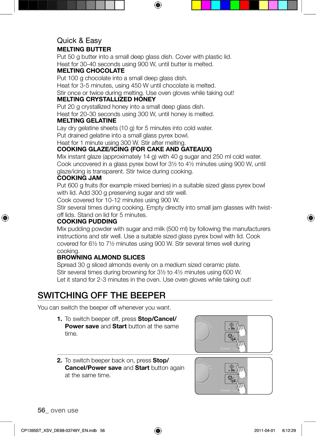 Samsung CP1395ST/XSV manual Switching OFF the Beeper, Quick & Easy, MELTlNG Crystallized Honey 