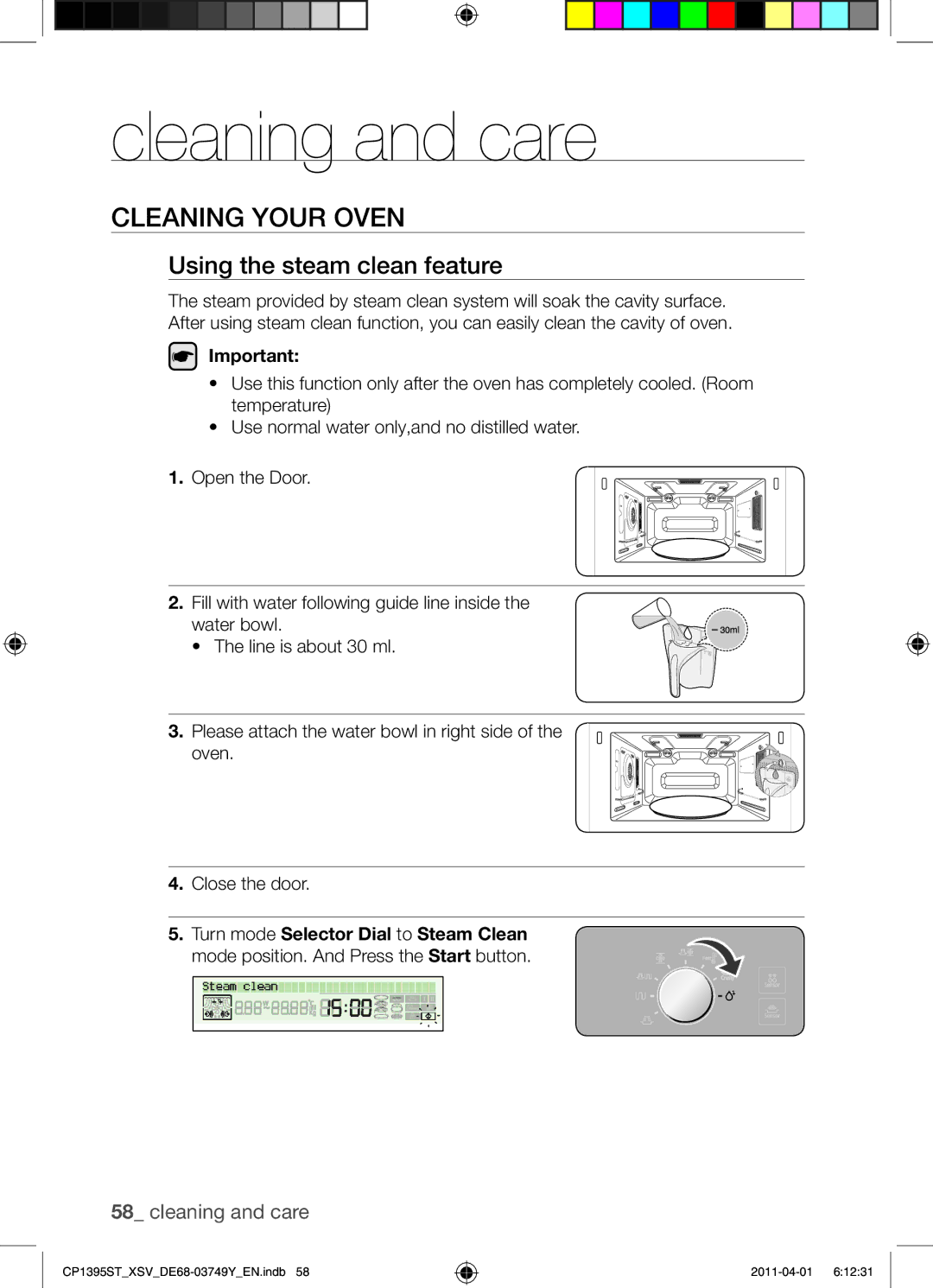 Samsung CP1395ST/XSV manual Cleaning and care, Cleaning Your Oven, Using the steam clean feature 