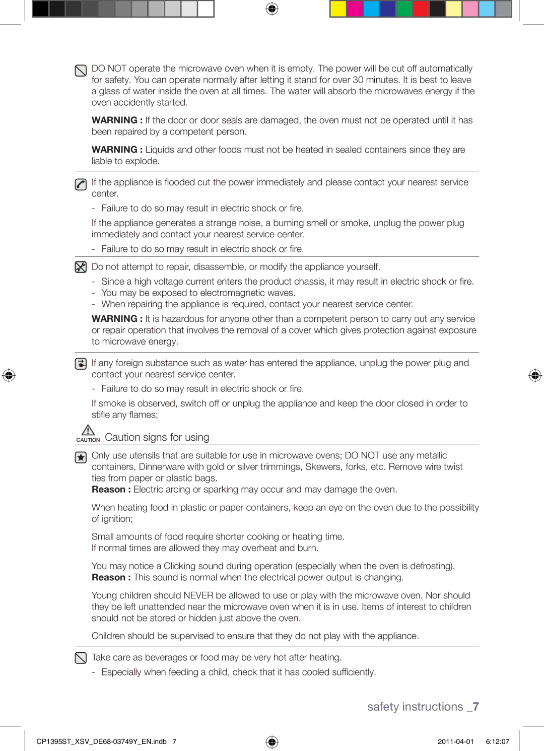 Samsung CP1395ST/XSV manual Safety instructions 