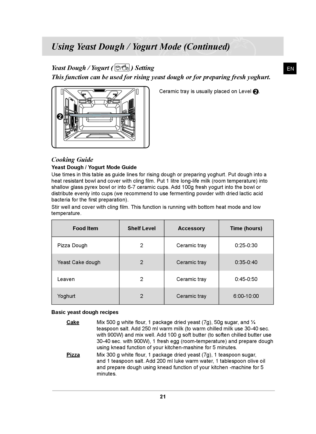 Samsung CQ138SC Yeast Dough / Yogurt Mode Guide, Food Item Shelf Level Accessory Time hours, Basic yeast dough recipes 