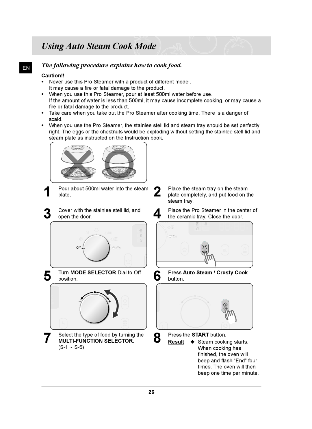 Samsung CQ138SC owner manual Using Auto Steam Cook Mode, Following procedure explains how to cook food 