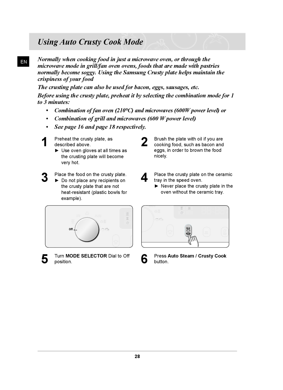 Samsung CQ138SC owner manual Using Auto Crusty Cook Mode, Crispiness of your food, To 3 minutes 