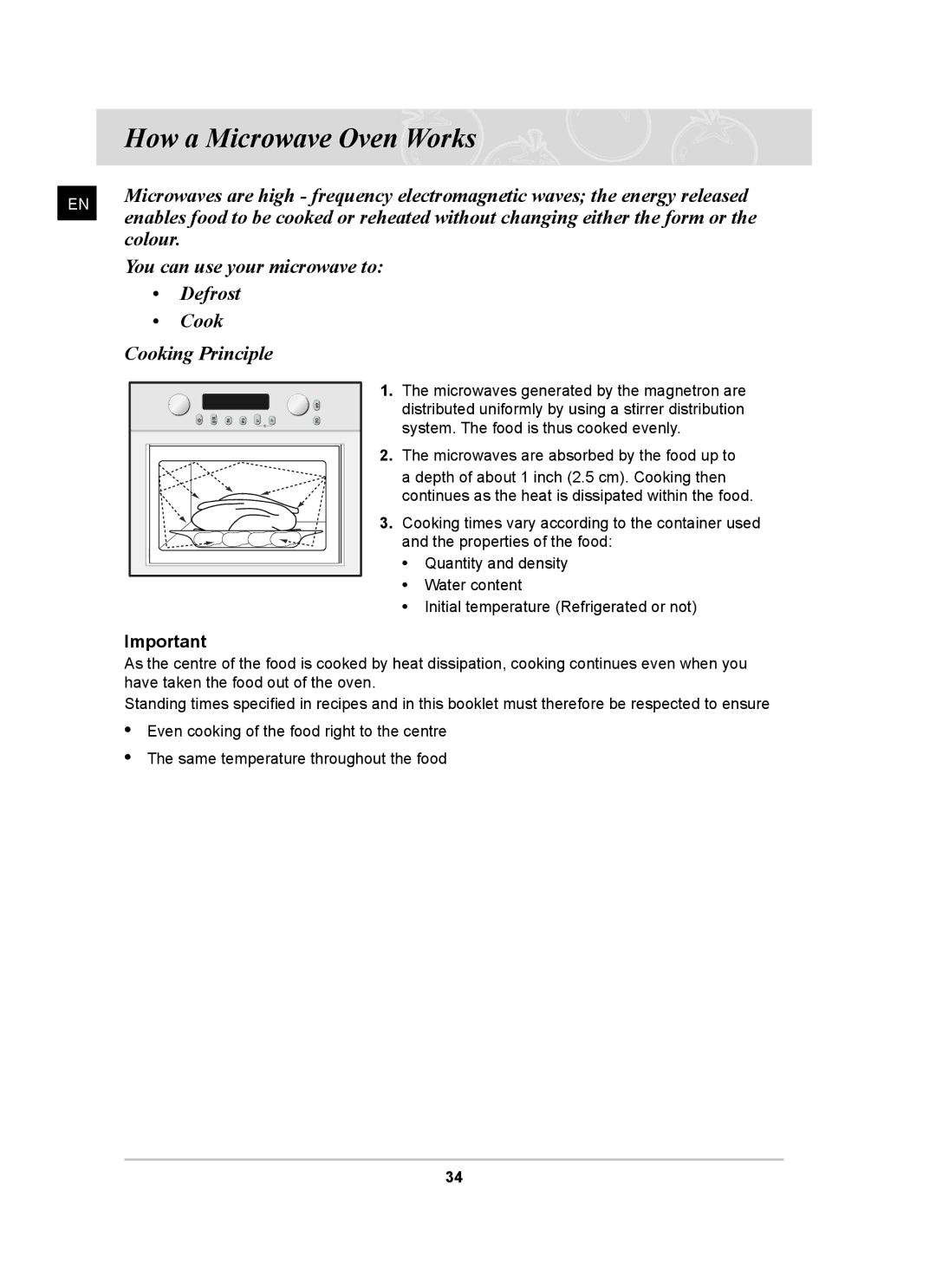 Samsung CQ138SC owner manual How a Microwave Oven Works, Depth of about 1 inch 2.5 cm. Cooking then 