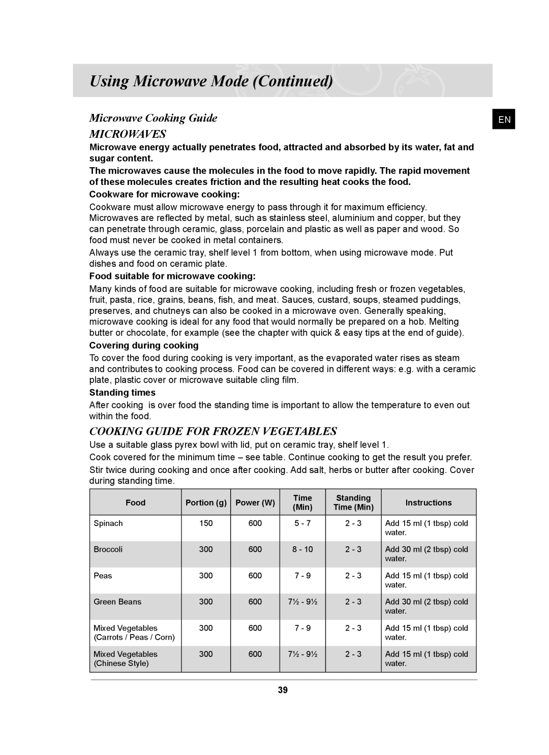 Samsung CQ138SC owner manual Microwave Cooking Guide, Cookware for microwave cooking, Food suitable for microwave cooking 