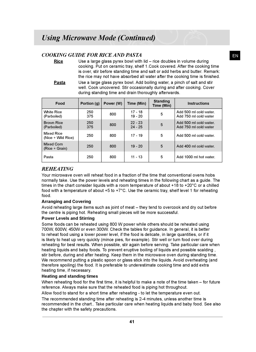 Samsung CQ138SC owner manual Arranging and Covering, Power Levels and Stirring, Heating and standing times 