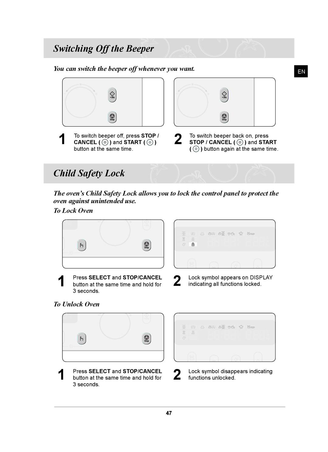 Samsung CQ138SC owner manual Switching Off the Beeper, Child Safety Lock, To Unlock Oven 