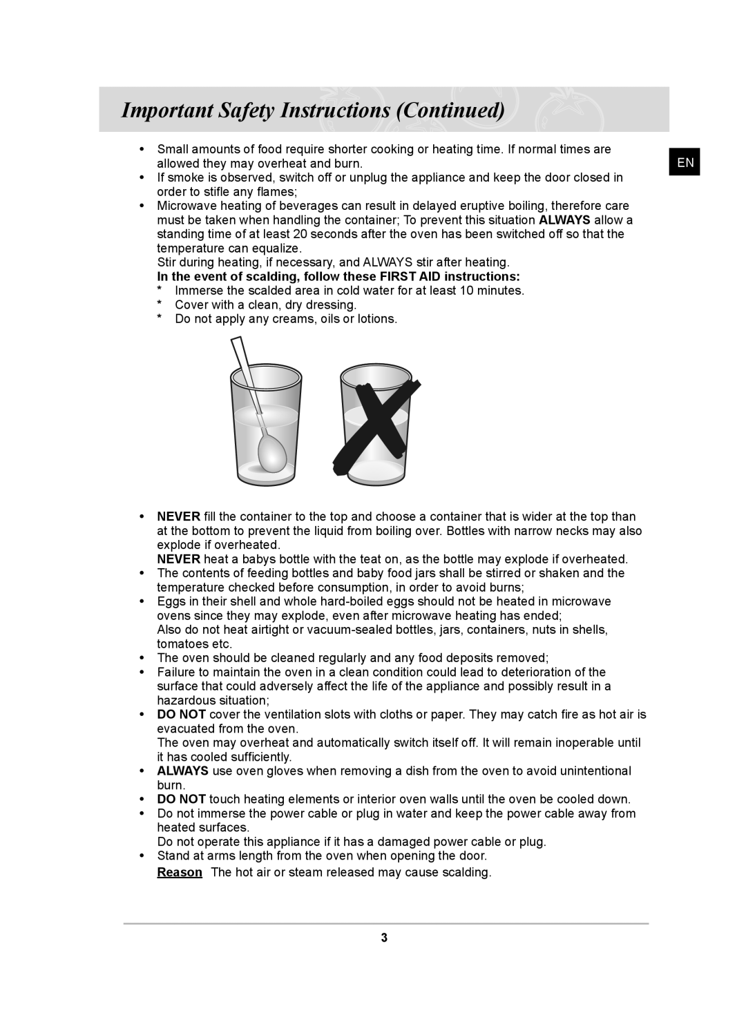 Samsung CQ138SC owner manual Event of scalding, follow these First AID instructions 