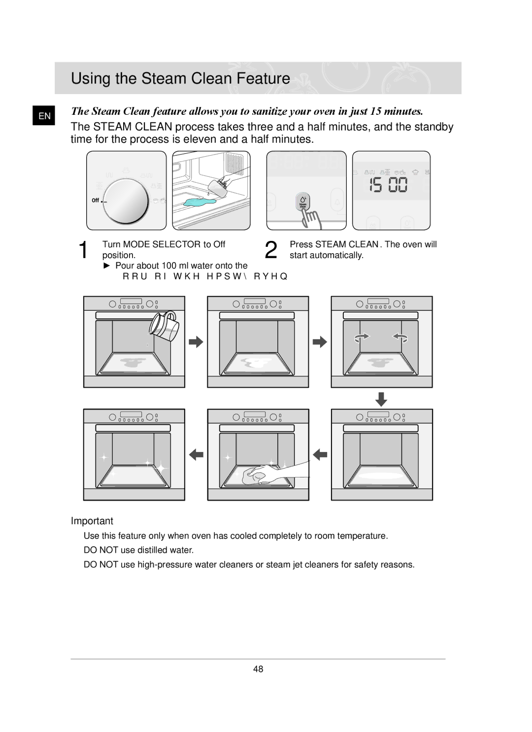 Samsung CQ138SC owner manual Using the Steam Clean Feature, Time for the process is eleven and a half minutes 