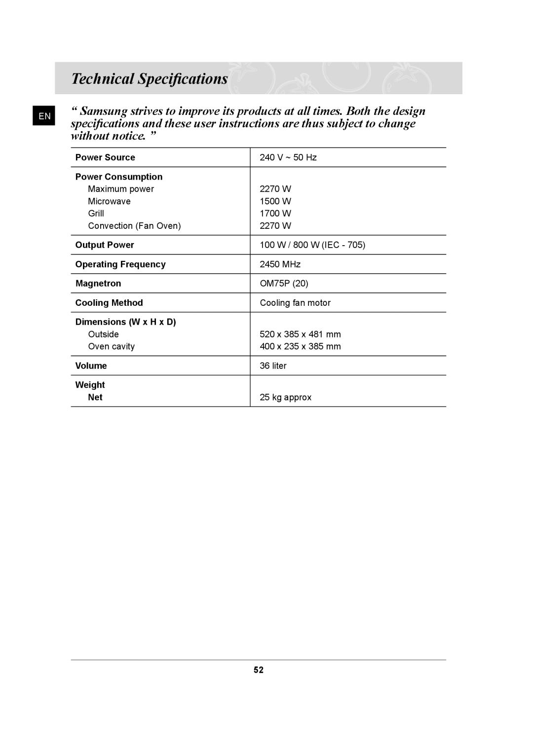 Samsung CQ138SC owner manual Technical Specifications 