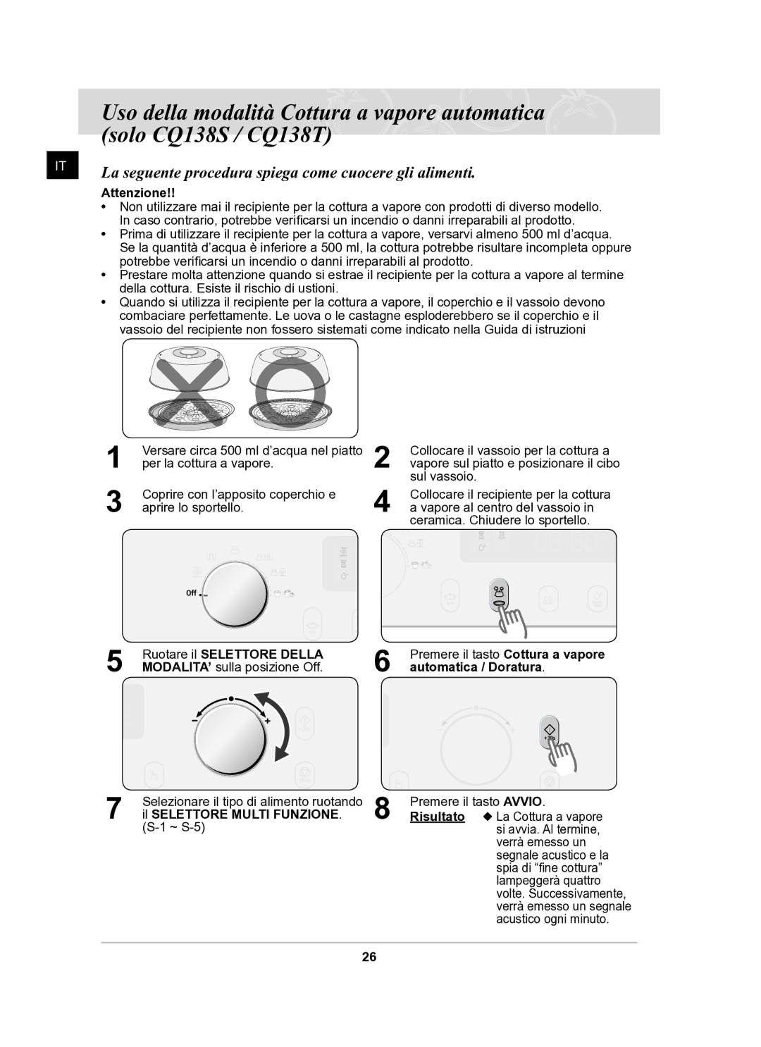 Samsung CQ138T-G/XET manual Attenzione, Automatica / Doratura 