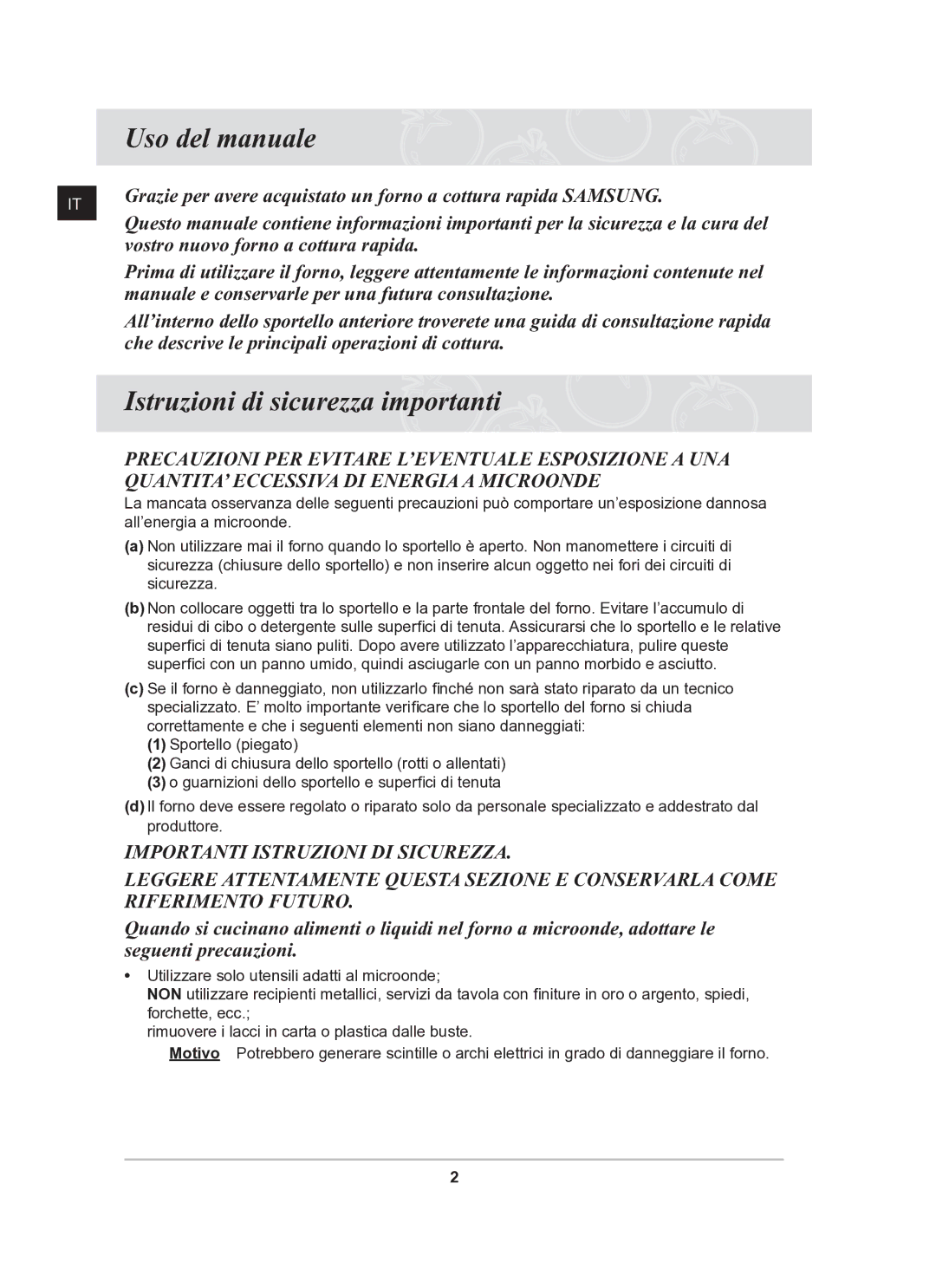 Samsung CQ138T-G/XET Uso del manuale, Istruzioni di sicurezza importanti, Vostro nuovo forno a cottura rapida 