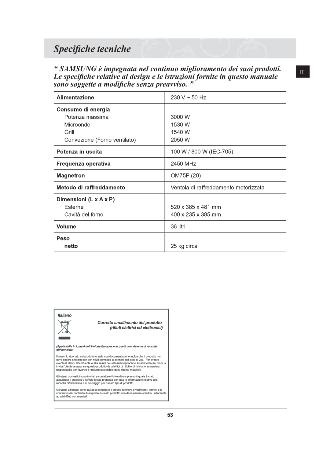 Samsung CQ138T-G/XET manual Speciﬁche tecniche 