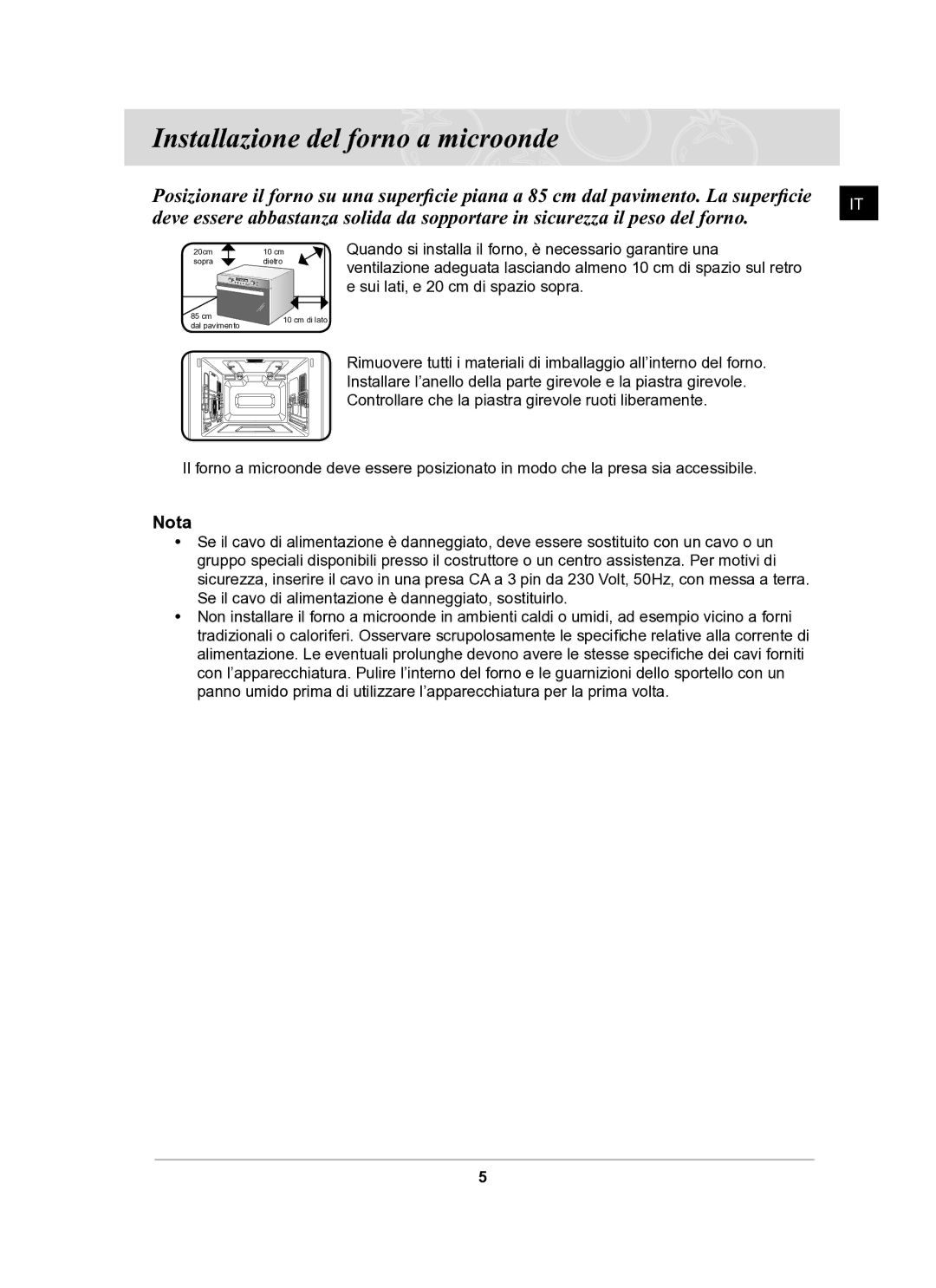 Samsung CQ138T-G/XET manual Installazione del forno a microonde, Nota 