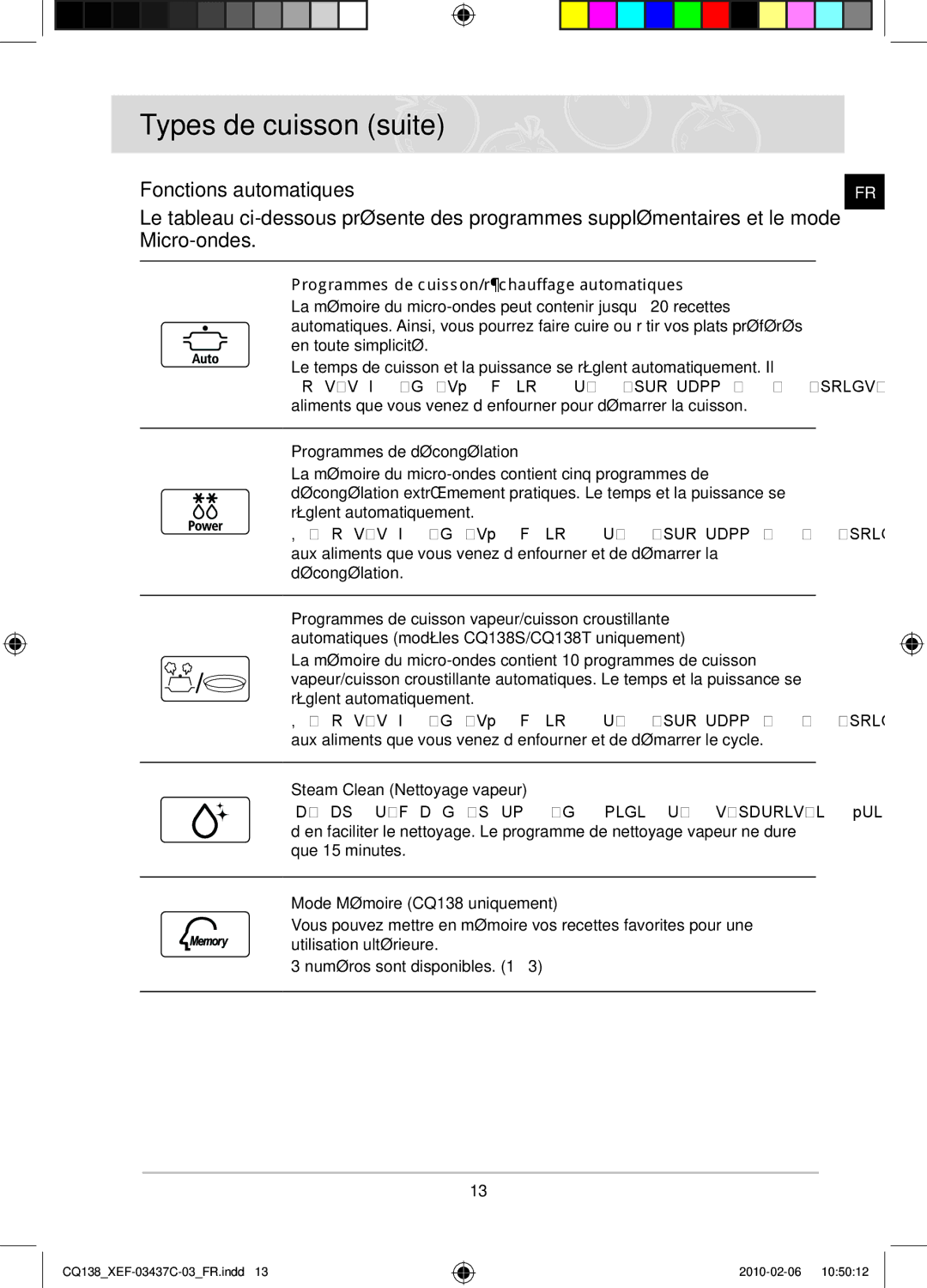 Samsung CQ138T-G/XEF Types de cuisson suite, Programmes de cuisson/réchauffage automatiques, Programmes de décongélation 