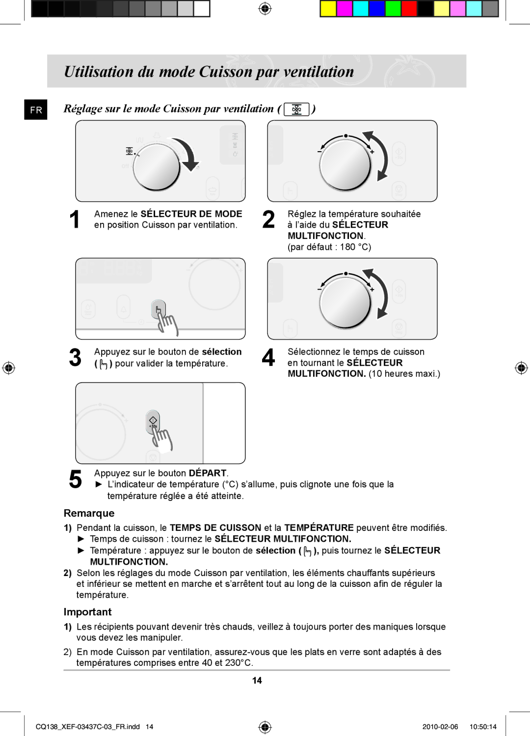 Samsung CQ138T-ST/XEF manual Utilisation du mode Cuisson par ventilation, Réglage sur le mode Cuisson par ventilation 