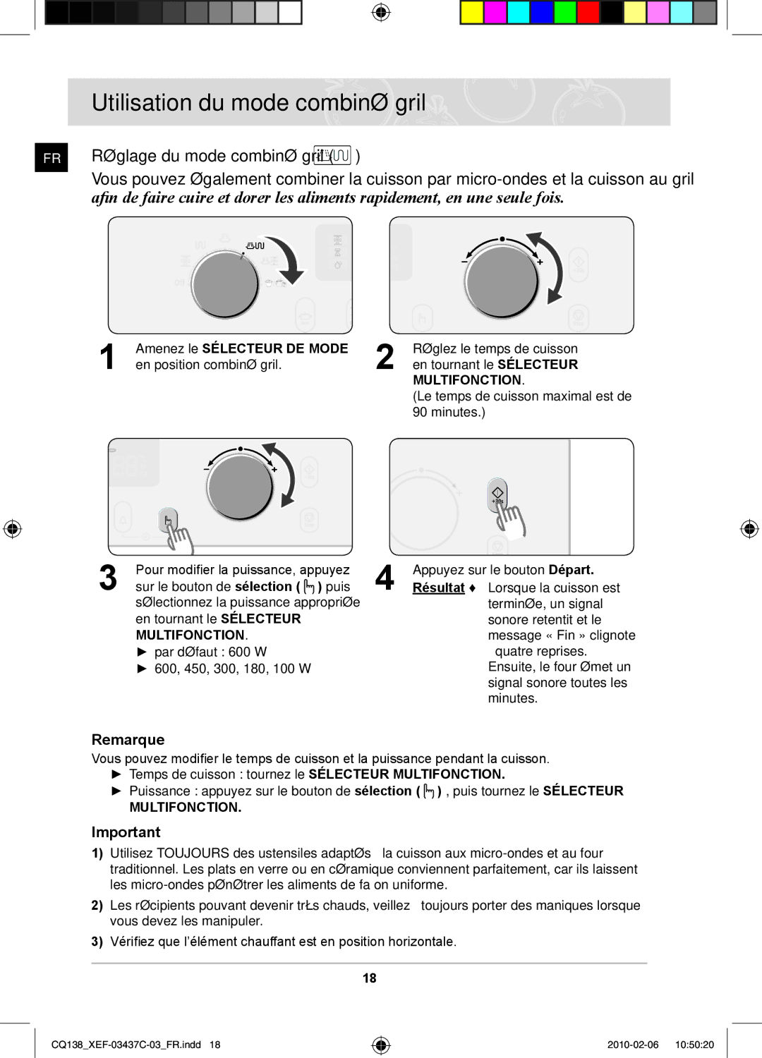 Samsung CQ138T-ST/XEF, CQ138T-G/XEF manual Utilisation du mode combiné gril, Amenez le Sélecteur DE Mode 