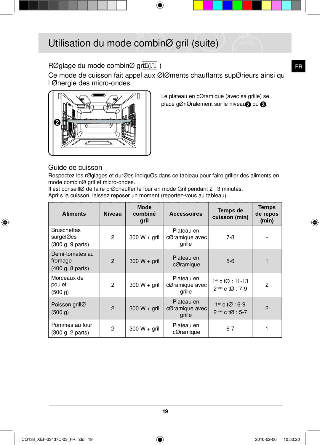 Samsung CQ138T-G/XEF, CQ138T-ST/XEF manual Utilisation du mode combiné gril suite, Mode Temps de Aliments 