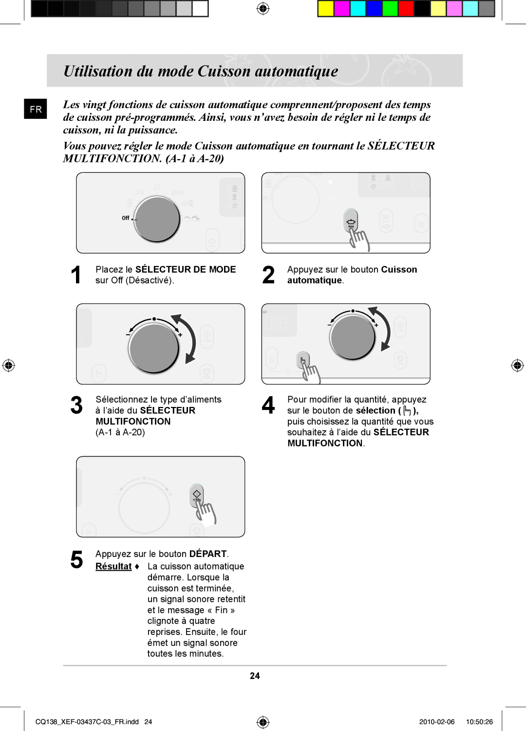 Samsung CQ138T-ST/XEF manual Utilisation du mode Cuisson automatique, Cuisson, ni la puissance, Placez le Sélecteur DE Mode 