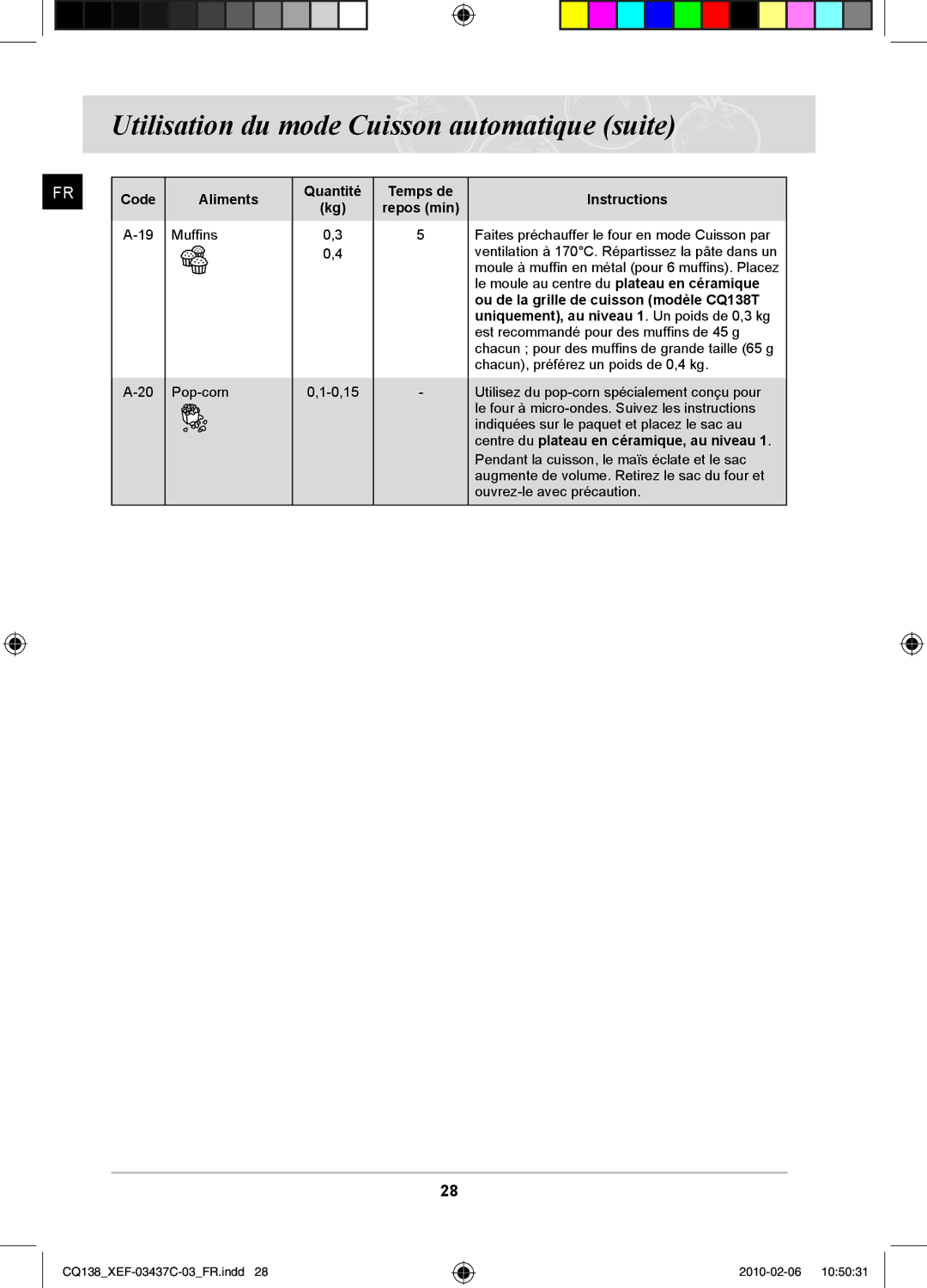 Samsung CQ138T-ST/XEF, CQ138T-G/XEF manual Code Aliments, Quantité Temps de 