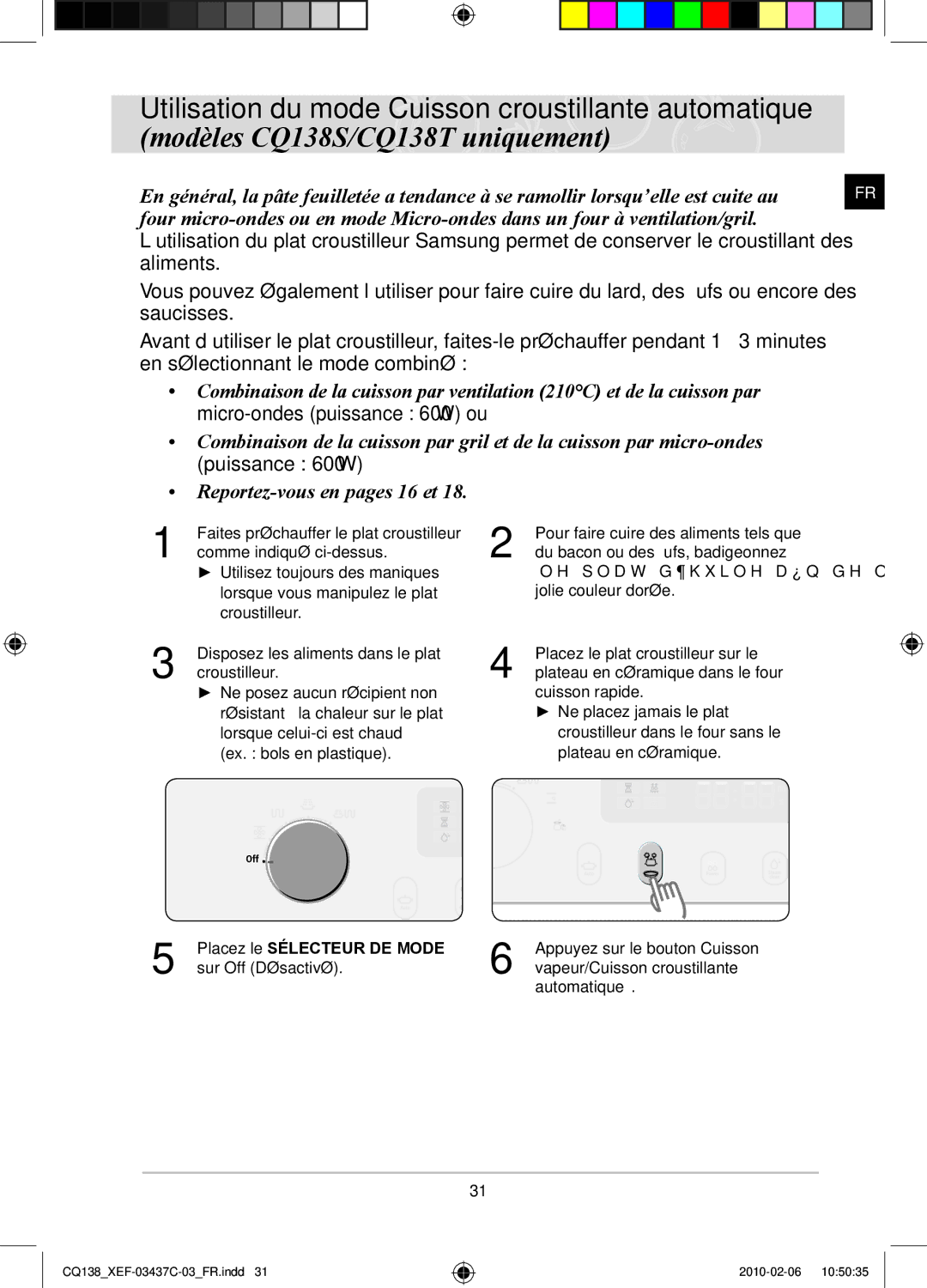 Samsung CQ138T-G/XEF, CQ138T-ST/XEF manual Faites préchauffer le plat croustilleur 