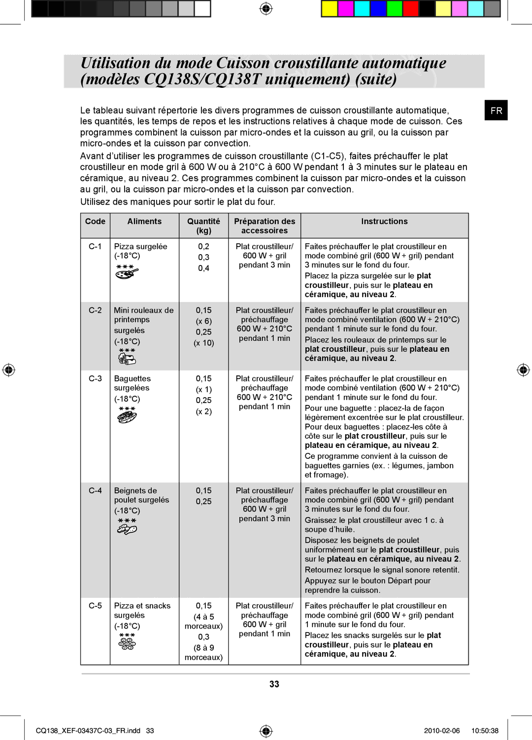 Samsung CQ138T-G/XEF, CQ138T-ST/XEF Instructions Accessoires, Croustilleur, puis sur le plateau en Céramique, au niveau 