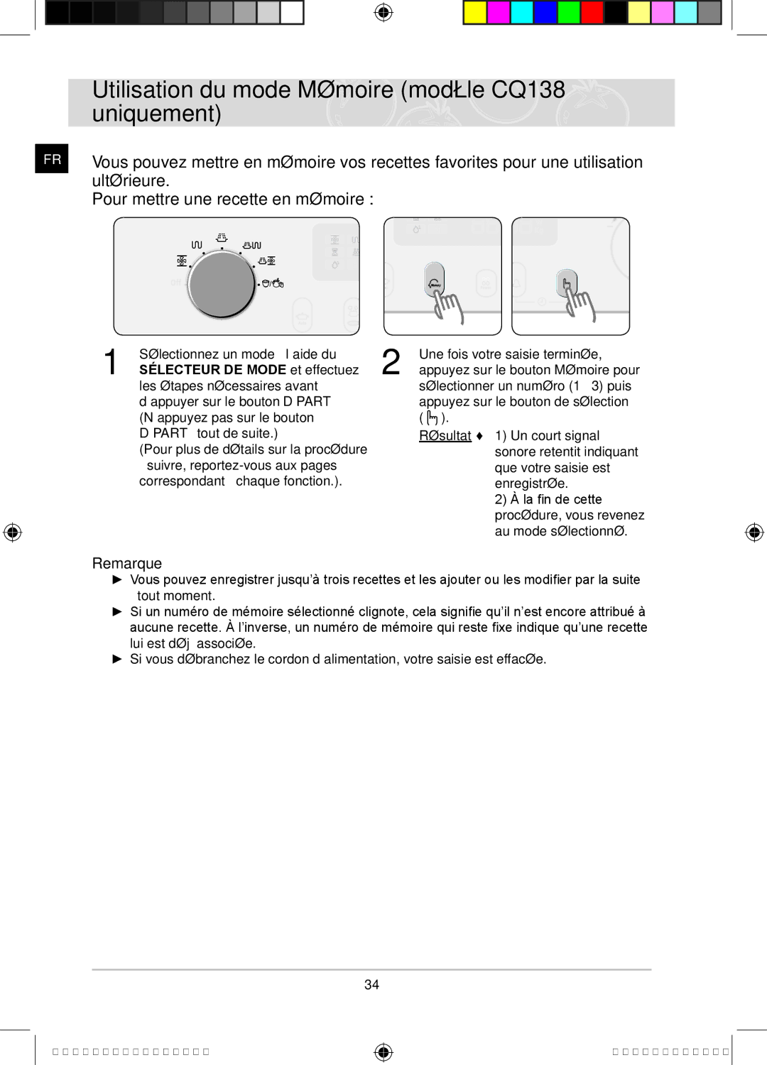 Samsung CQ138T-ST/XEF manual Utilisation du mode Mémoire modèle CQ138 uniquement, Sélecteur DE Mode et effectuez, Résultat 