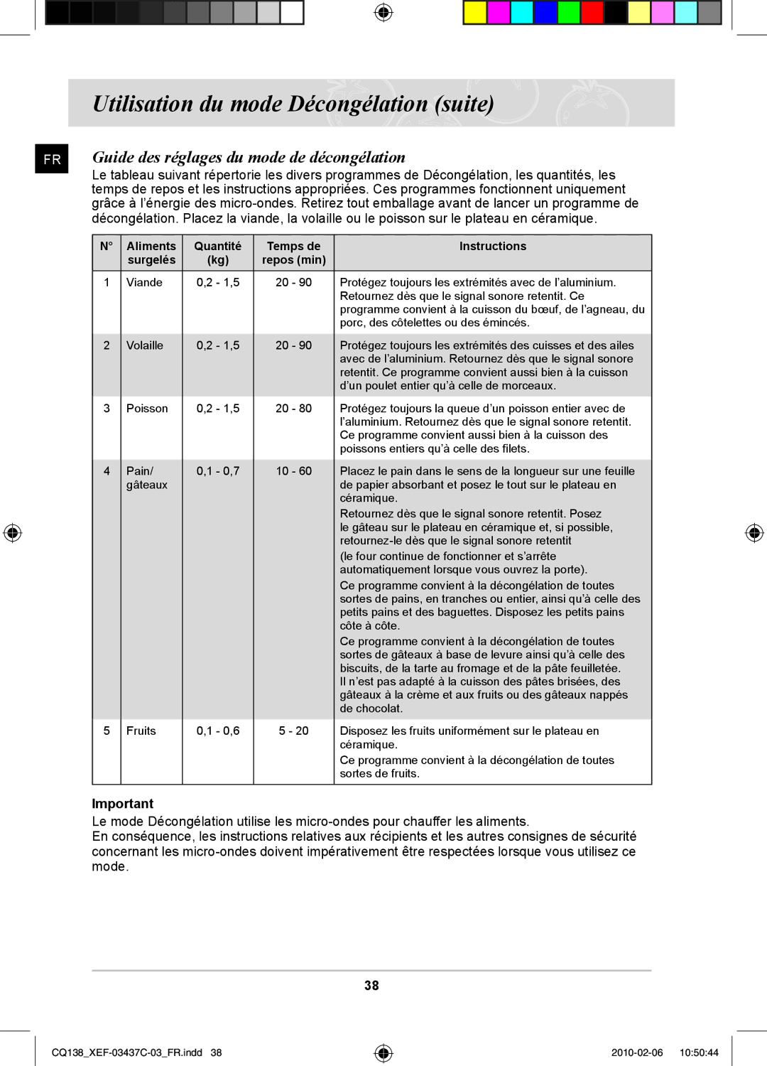 Samsung CQ138T-ST/XEF, CQ138T-G/XEF Utilisation du mode Décongélation suite, Guide des réglages du mode de décongélation 