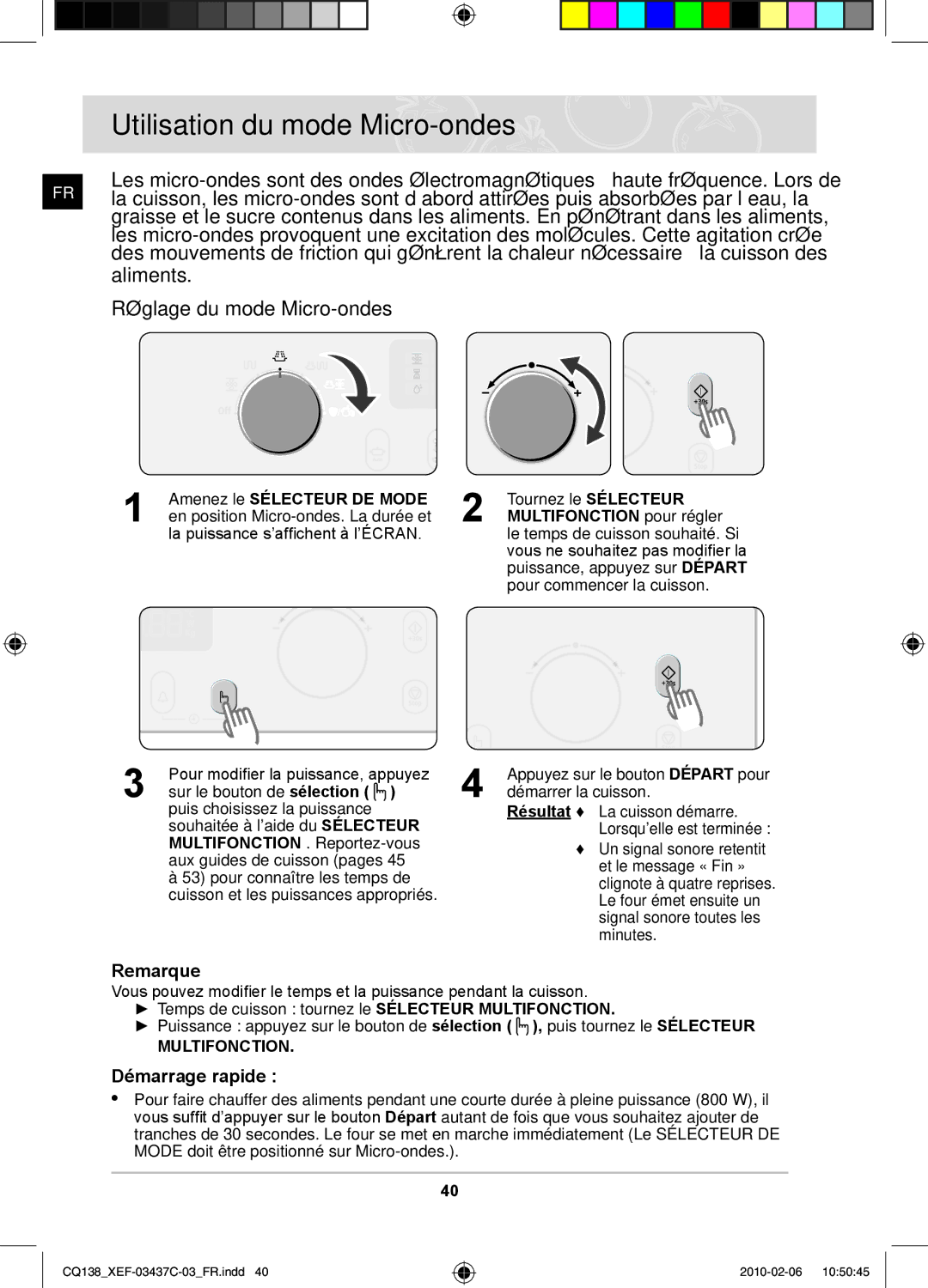 Samsung CQ138T-ST/XEF, CQ138T-G/XEF manual Utilisation du mode Micro-ondes, Démarrage rapide  