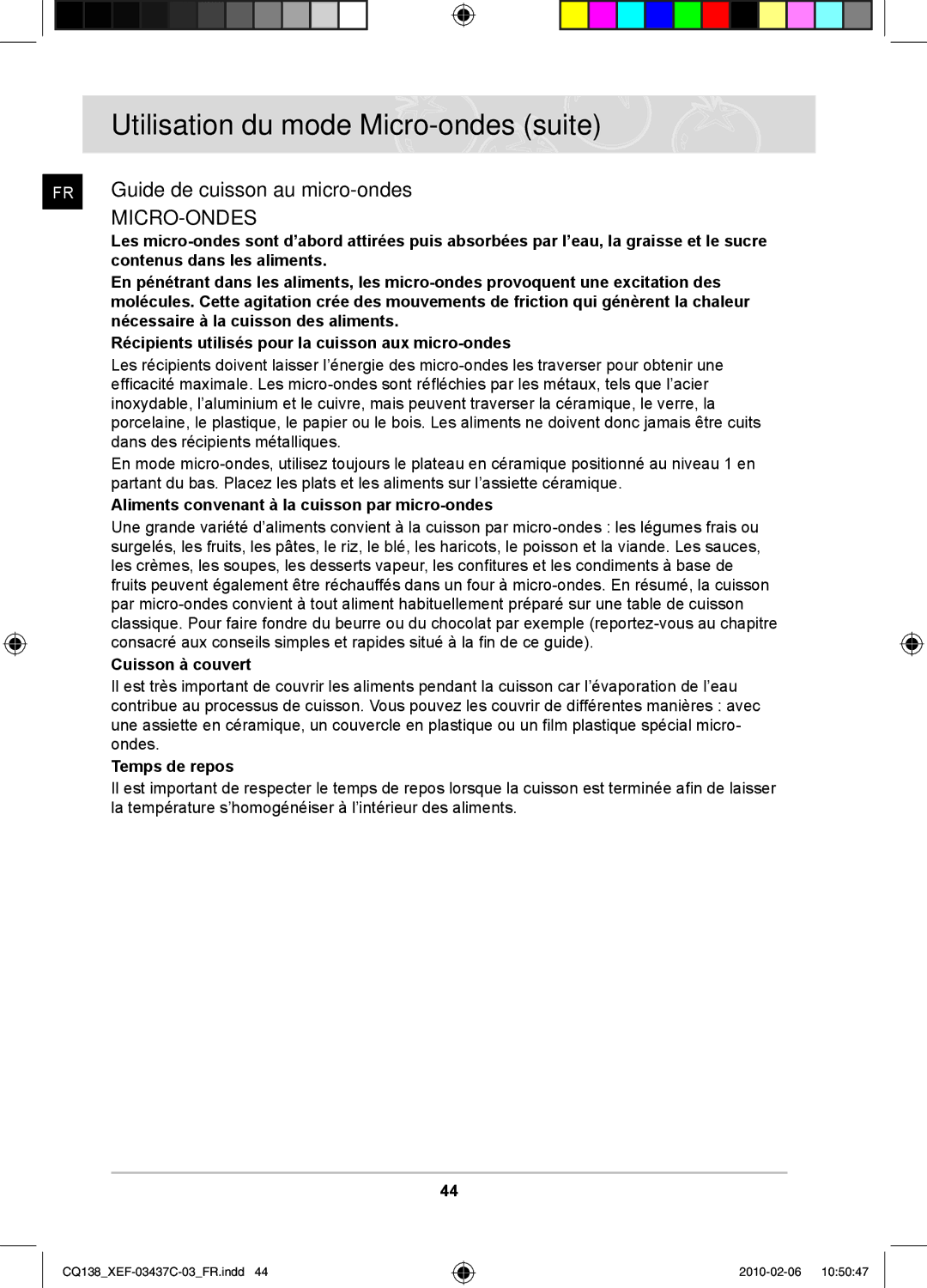 Samsung CQ138T-ST/XEF FR Guide de cuisson au micro-ondes, Micro-Ondes, Aliments convenant à la cuisson par micro-ondes 