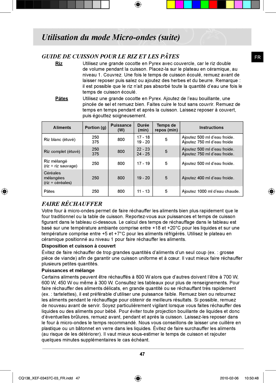 Samsung CQ138T-G/XEF, CQ138T-ST/XEF manual Guide DE Cuisson Pour LE RIZ ET LES Pâtes, Faire Réchauffer 