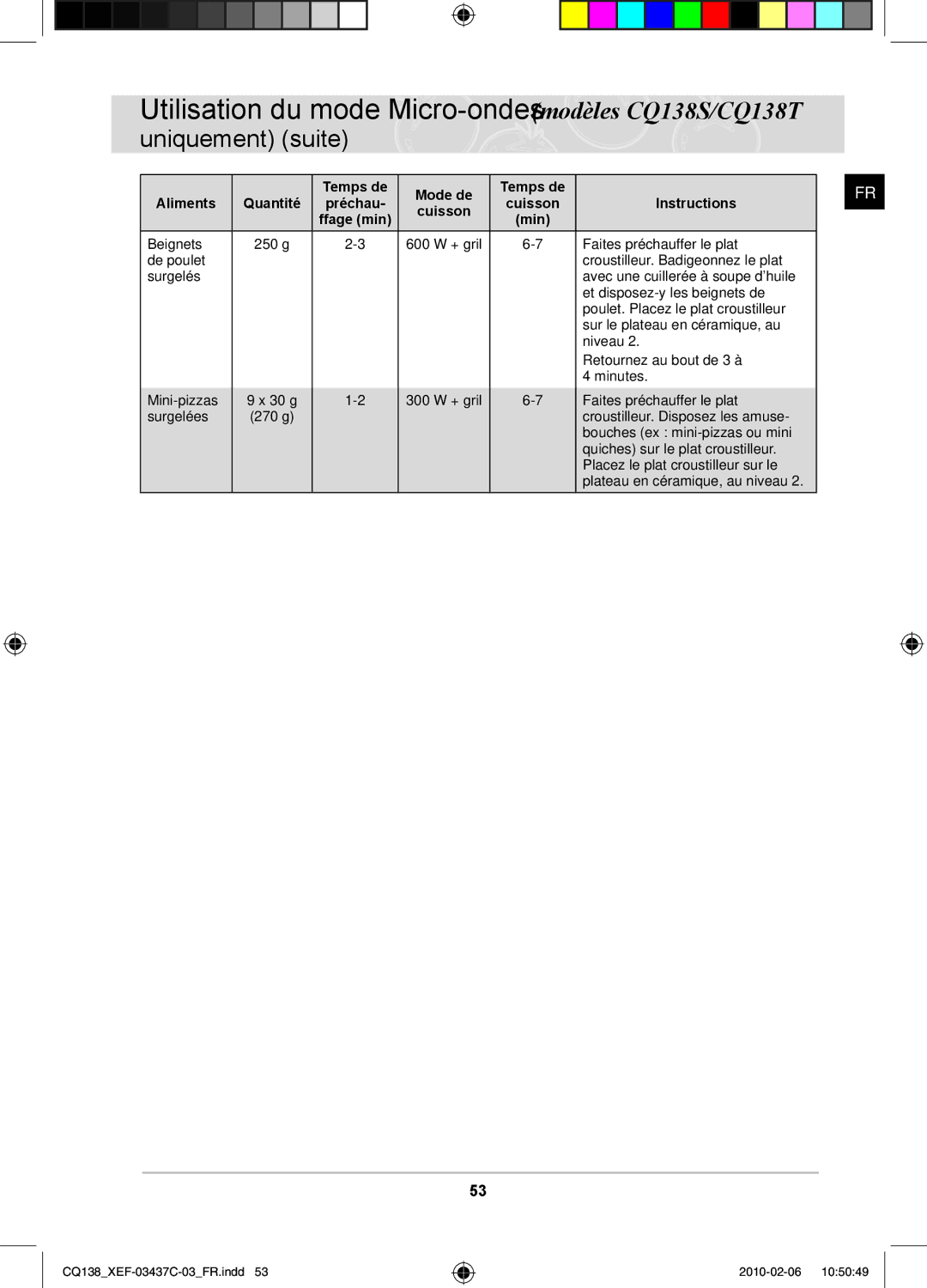 Samsung CQ138T-G/XEF, CQ138T-ST/XEF manual Temps de Mode de Aliments 