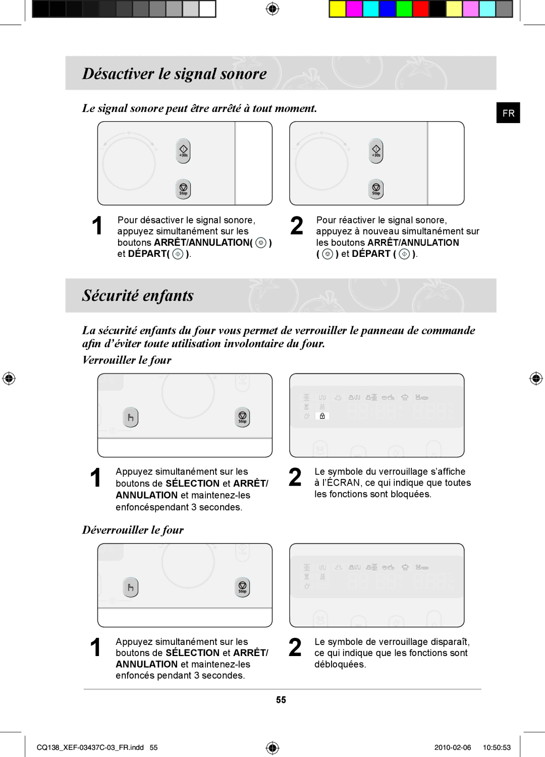 Samsung CQ138T-G/XEF Désactiver le signal sonore, Sécurité enfants, Déverrouiller le four, Boutons de Sélection et Arrêt 