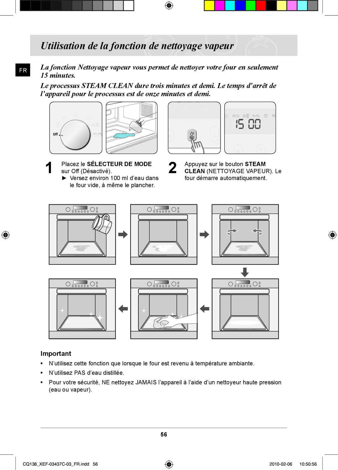 Samsung CQ138T-ST/XEF, CQ138T-G/XEF manual Utilisation de la fonction de nettoyage vapeur, Minutes 