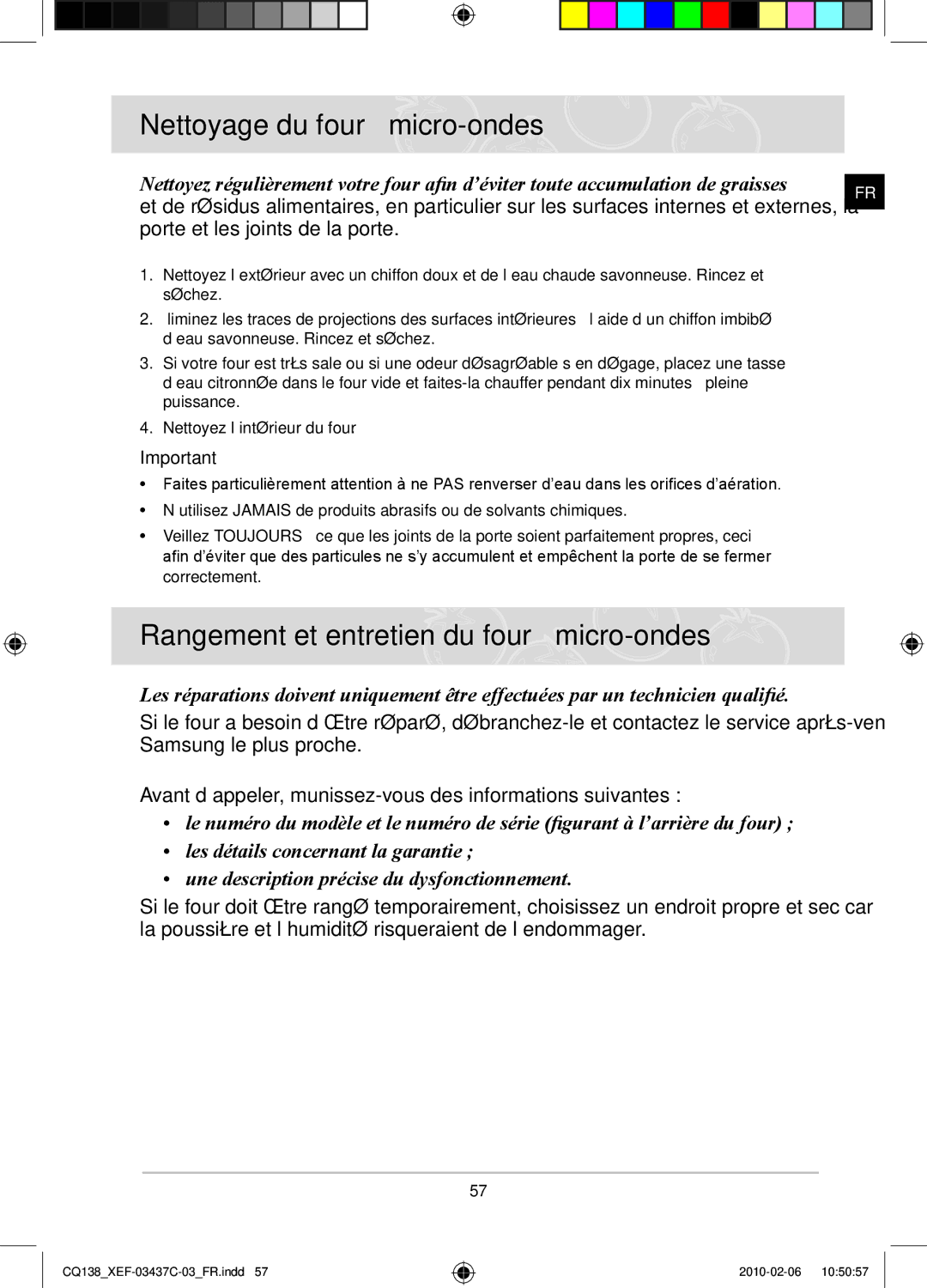 Samsung CQ138T-G/XEF, CQ138T-ST/XEF manual Nettoyage du four à micro-ondes, Rangement et entretien du four à micro-ondes 