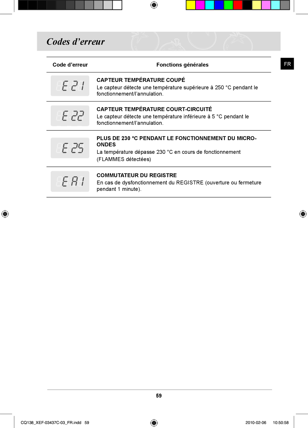 Samsung CQ138T-G/XEF, CQ138T-ST/XEF manual Codes d’erreur, Code d’erreur Fonctions générales 