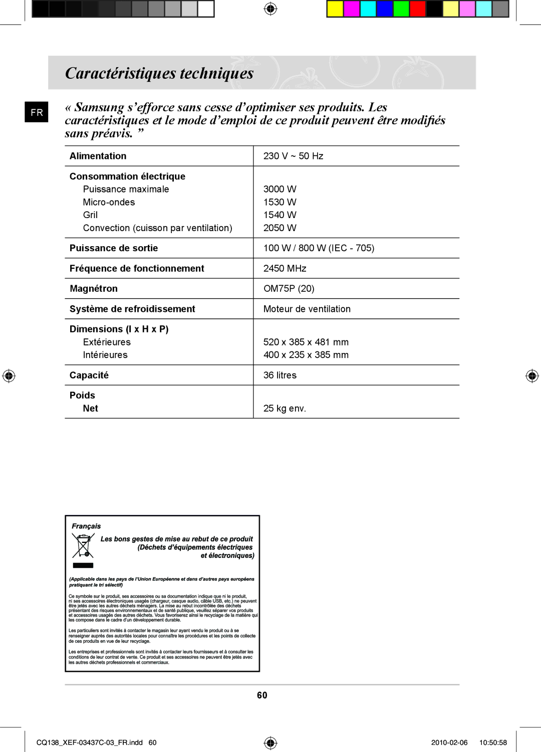 Samsung CQ138T-ST/XEF, CQ138T-G/XEF manual Caractéristiques techniques 