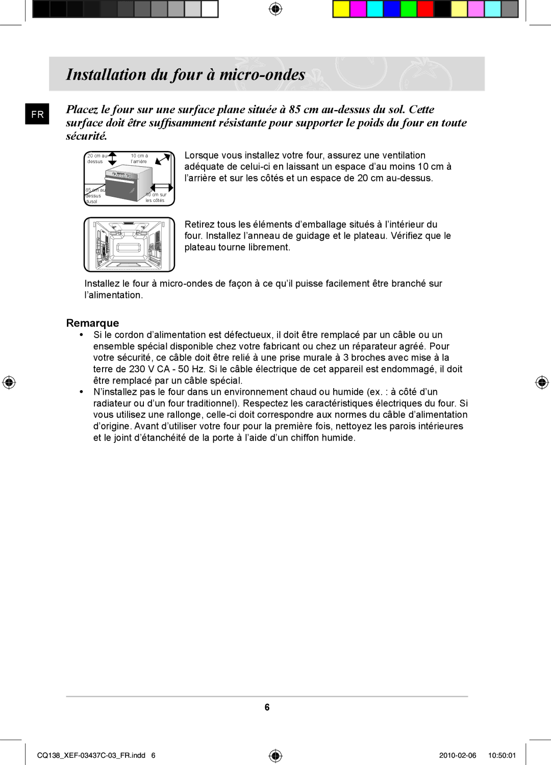 Samsung CQ138T-ST/XEF, CQ138T-G/XEF manual Installation du four à micro-ondes, Sécurité 