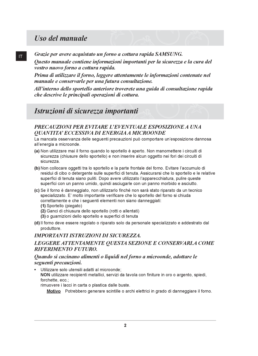 Samsung CQ138T-ST/XET Uso del manuale, Istruzioni di sicurezza importanti, Vostro nuovo forno a cottura rapida 