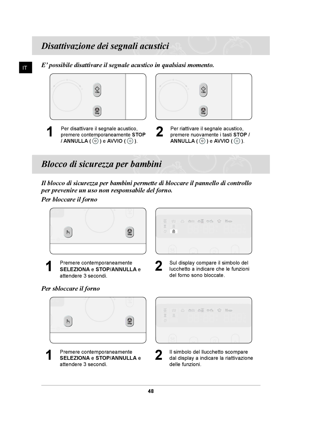 Samsung CQ138T-ST/XET manual Disattivazione dei segnali acustici, Blocco di sicurezza per bambini, Per sbloccare il forno 