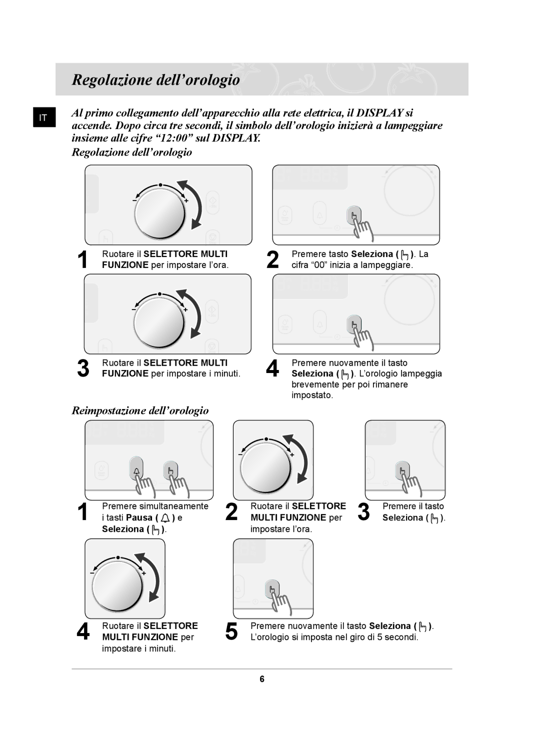 Samsung CQ138T-ST/XET manual Regolazione dell’orologio, Insieme alle cifre 1200 sul Display, Reimpostazione dell’orologio 