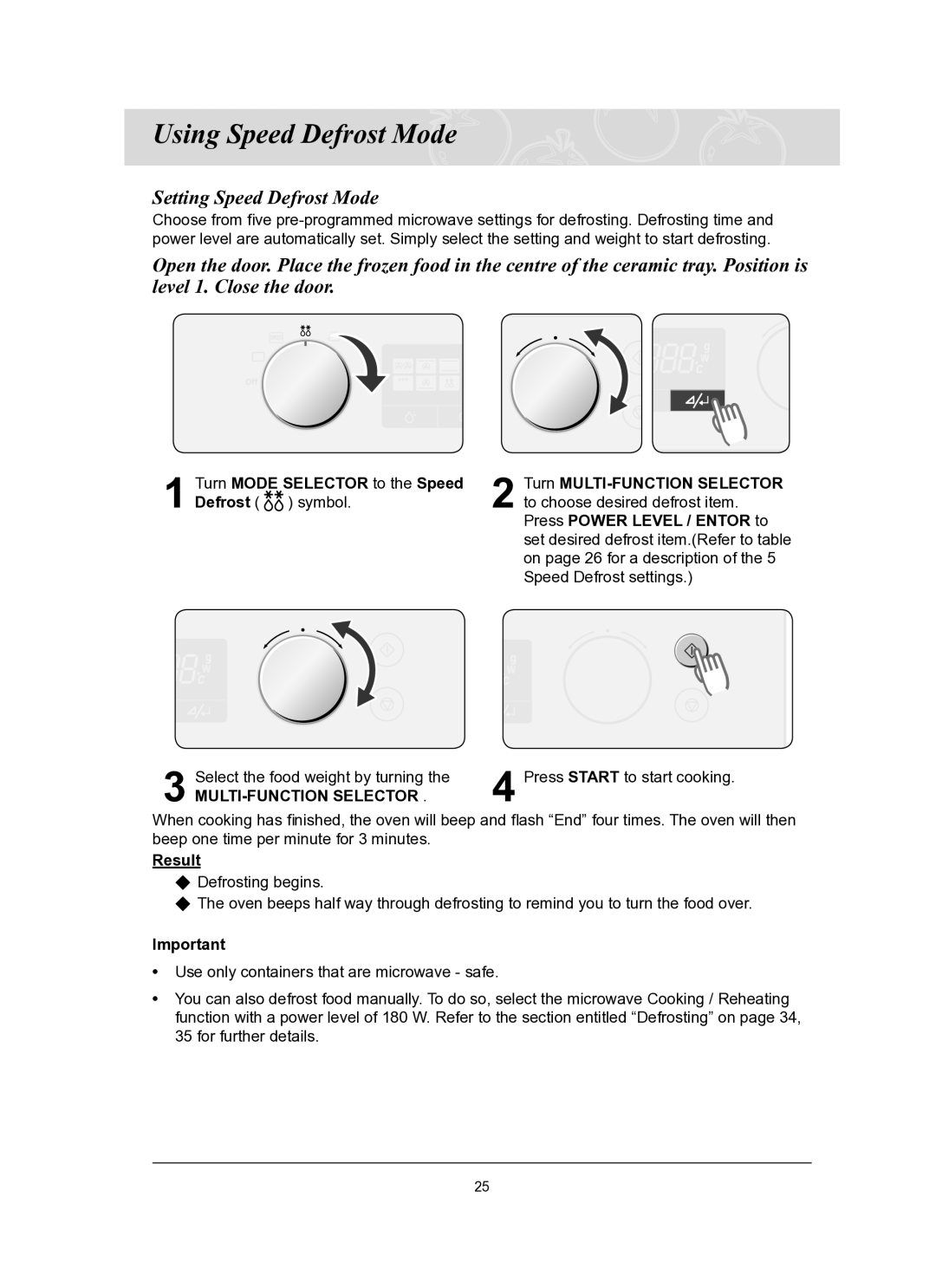 Samsung CQ1570-B/ATC Using Speed Defrost Mode, Setting Speed Defrost Mode, Turn Mode Selector to the Speed Defrost symbol 