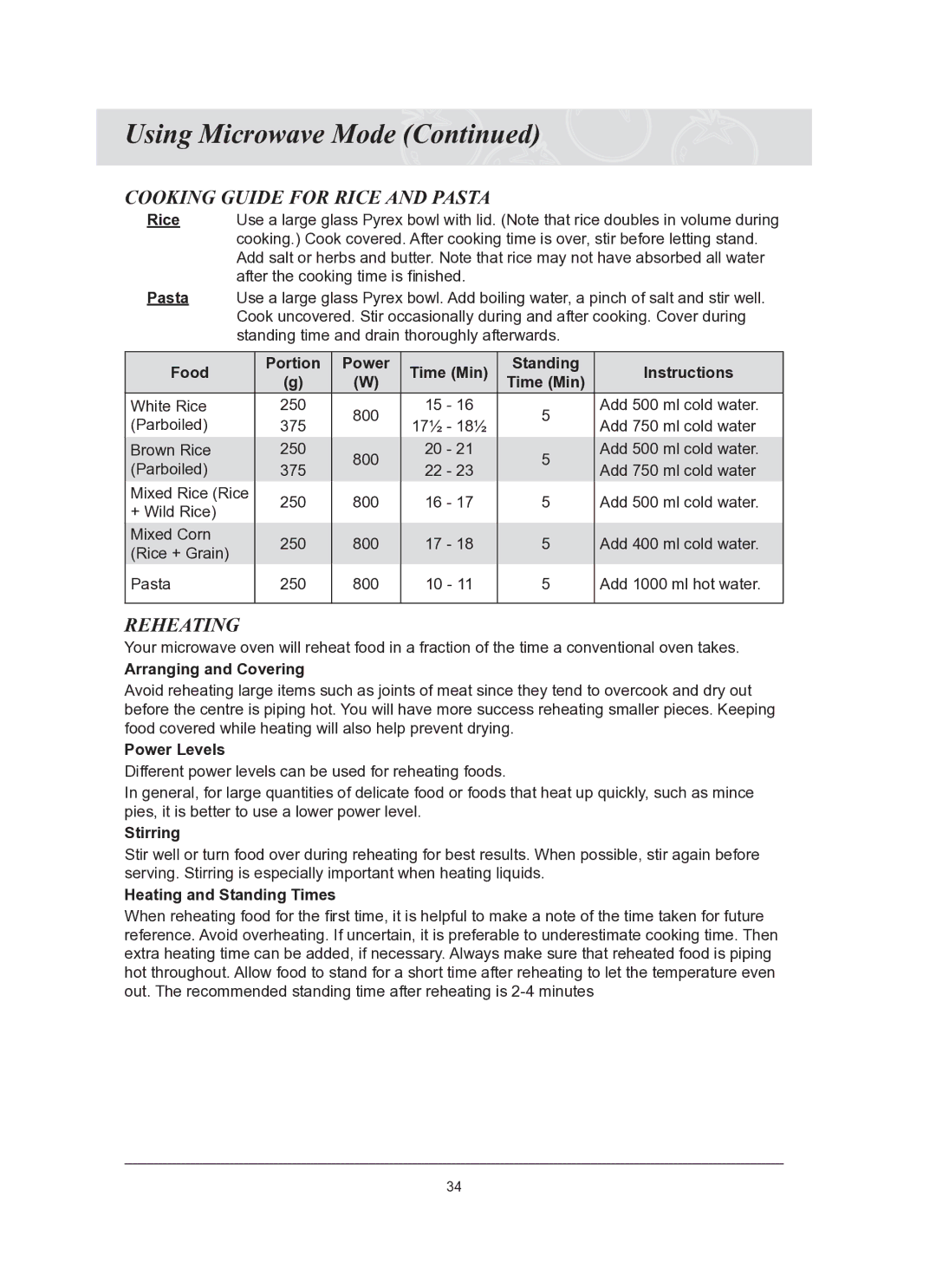 Samsung CQ1570-B/ZAM, CQ1570-B/ATC manual Cooking Guide for Rice and Pasta, Reheating 