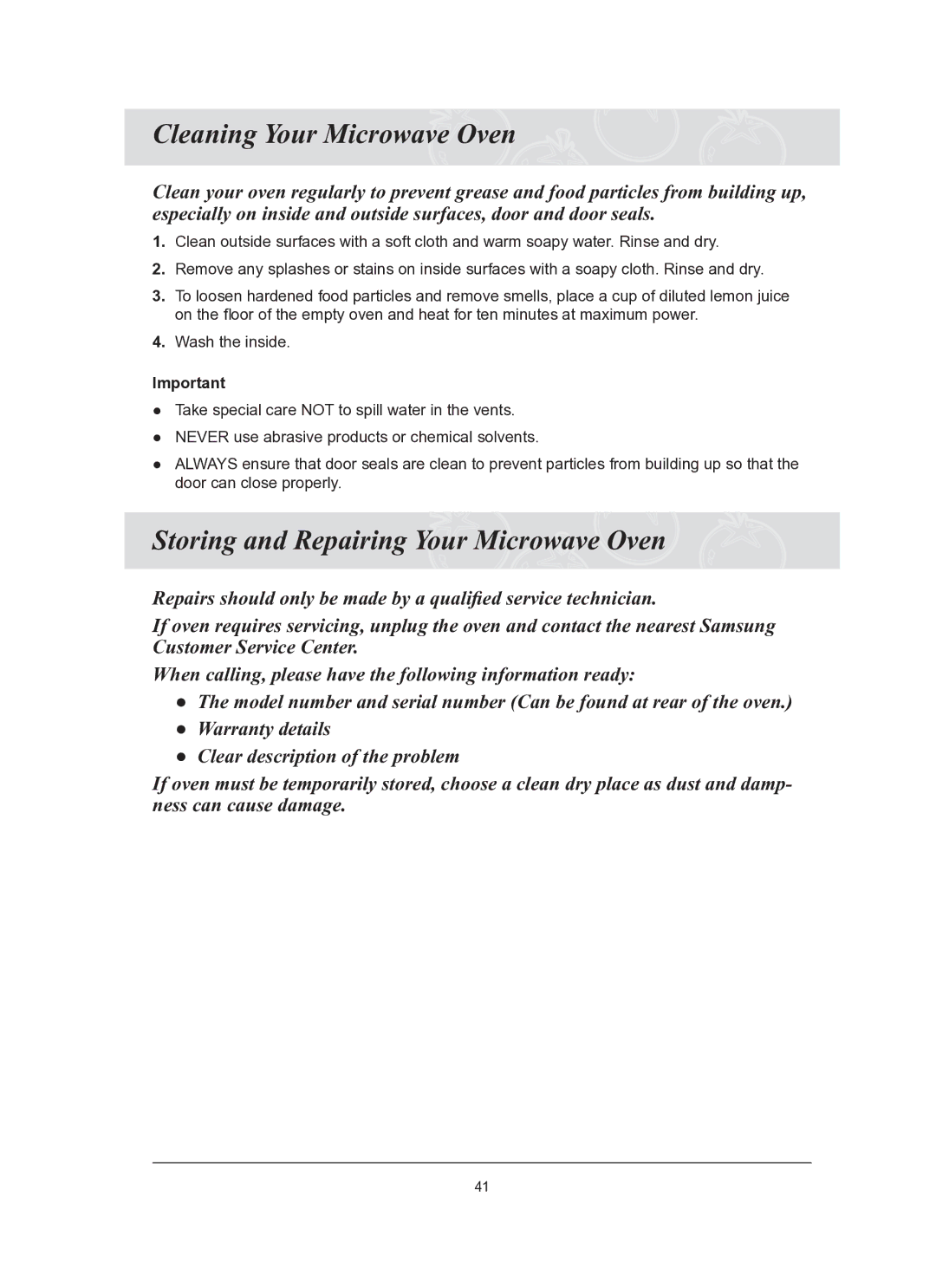 Samsung CQ1570-B/ATC, CQ1570-B/ZAM manual Cleaning Your Microwave Oven, Storing and Repairing Your Microwave Oven 