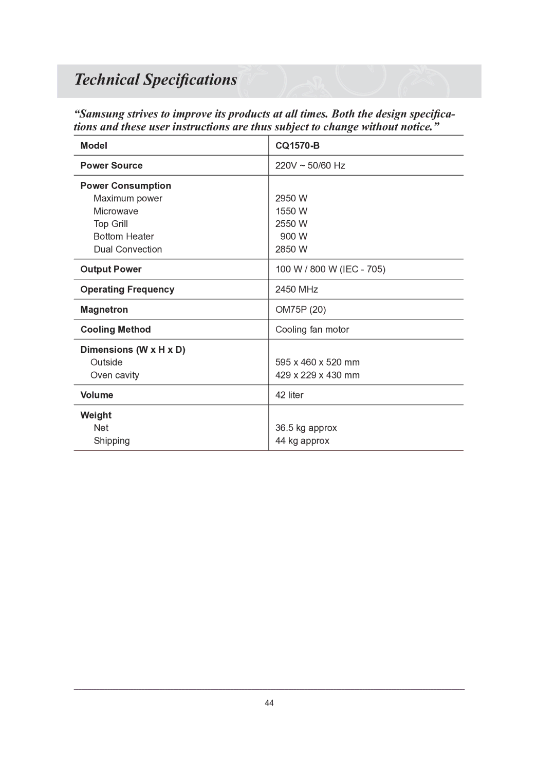 Samsung CQ1570-B/ZAM, CQ1570-B/ATC manual Technical Speciﬁcations 